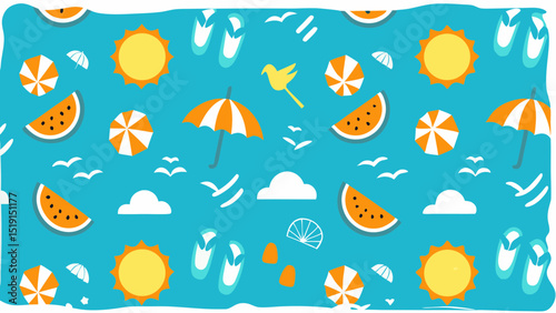 A whimsical summer escape featuring sunshine watermelon slices birds beach umbrellas carefree vacation vibes with a