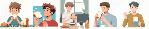 vector of a young man having breakfast with bread
