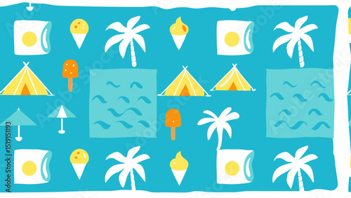 An exciting summer vacation with playful beach camping under palm trees and ocean waves a bright and colorful vector