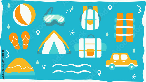 Embracing summer getaway with joy visualized through icons representing beach days camping adventures roadtrips set on a