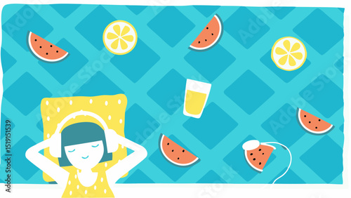 A summer day s escape girl enjoying music under the sun surrounded by juicy watermelon and fresh lemonade on a playful