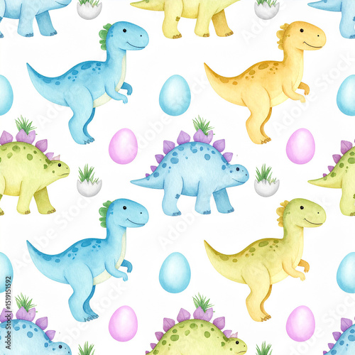 watercolor seamless pattern with dinosaurs and eggs