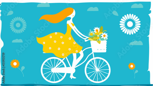 A whimsical illustration of a girl cycling with a basket full of blooms embracing the simple joy of a carefree ride on a