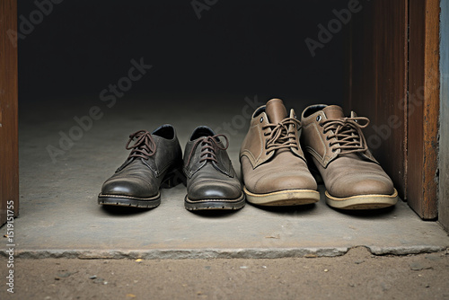Leather shoes at doorway in moody light on rustic stone floor