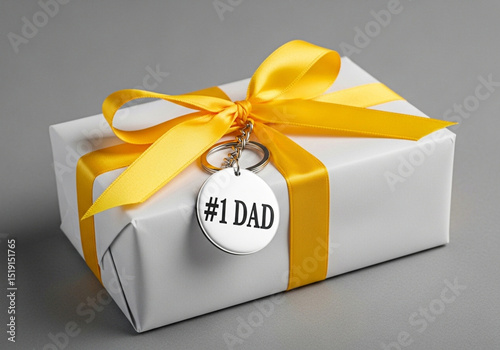 Fathers day gift box with yellow ribbon and number one dad keychain