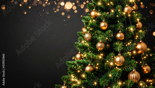a christmas tree decorated with gold balls, placed against a dark background. it is adorned with twinkling lights, capturing a festive atmosphere.