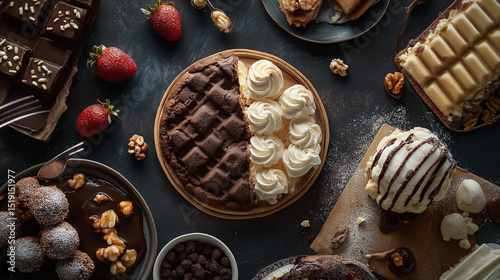 Various desserts arranged, including cakes, cookies, chocolates, appealing colors, showing an exquisite and delicious dessert scene