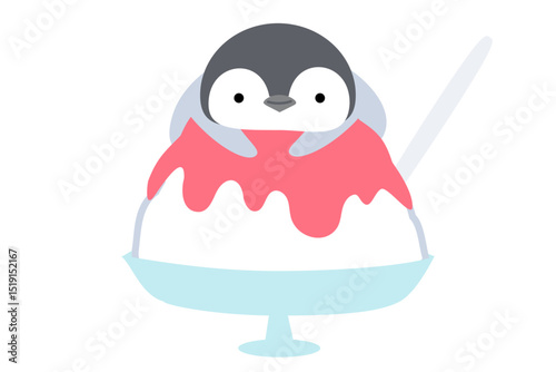 かき氷に乗るペンギン　いちご味　シンプル　かわいい 動物とデザート (ベクターイラスト)