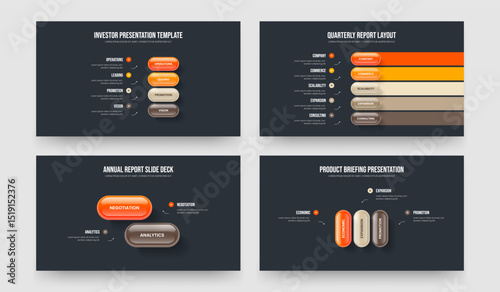 Marketing Report Four Five Two Three Option Diagram Slideshow Layout Vector Illustration Bundle. Advertising Review 4 5 2 3 Element Infographic Frame Design Set.