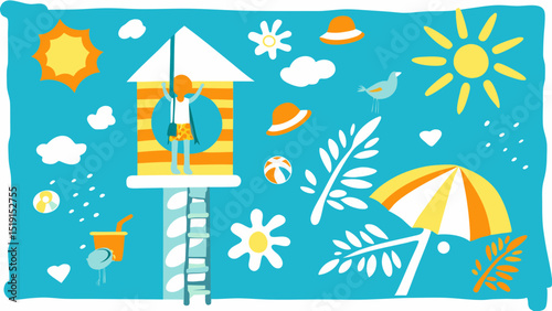 A child s whimsical dream of summer fun with sunshine beach and playful tower adventure flat vector illustration with