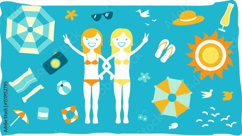 Two Friends Celebrating Summer Fun in Bikini Posing on a Sun Kissed Beach Holding Hands with Bright flat colors and bold