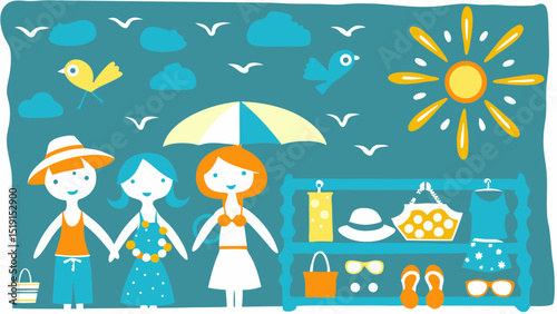 Cheerful friends embrace a sunny day dressed for beach fun filled with anticipation for summer adventures and vibrant