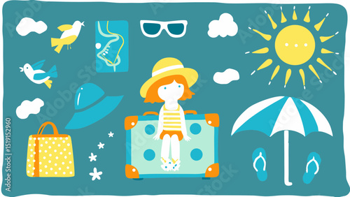 A whimsical summer vacation dream with a girl on a suitcase sun birds and beach accessories against a teal backdrop in a