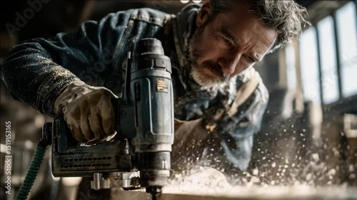 Craftsman in Action: A seasoned craftsman diligently operates a power drill, his focused gaze and gloved hands revealing the artistry of skilled carpentry and woodworking.