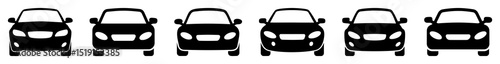 Solid black front view silhouette of a car with rounded hood and visible headlights on white background for automotive design
