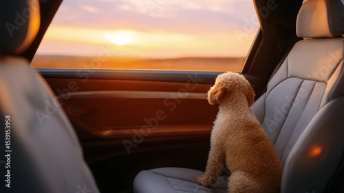 Adventure's Horizon: A small, fluffy dog sits attentively in the front seat of a car, gazing out the window at the setting sun over an open landscape.