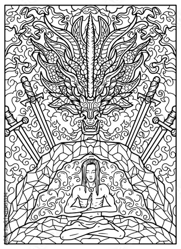 Fantasy engraved illustration with four swords, dragon, hero and decorated elements for coloring page, tattoo, print, tarot cards. Vector line art graphic. Gothic, epic and vintage concept