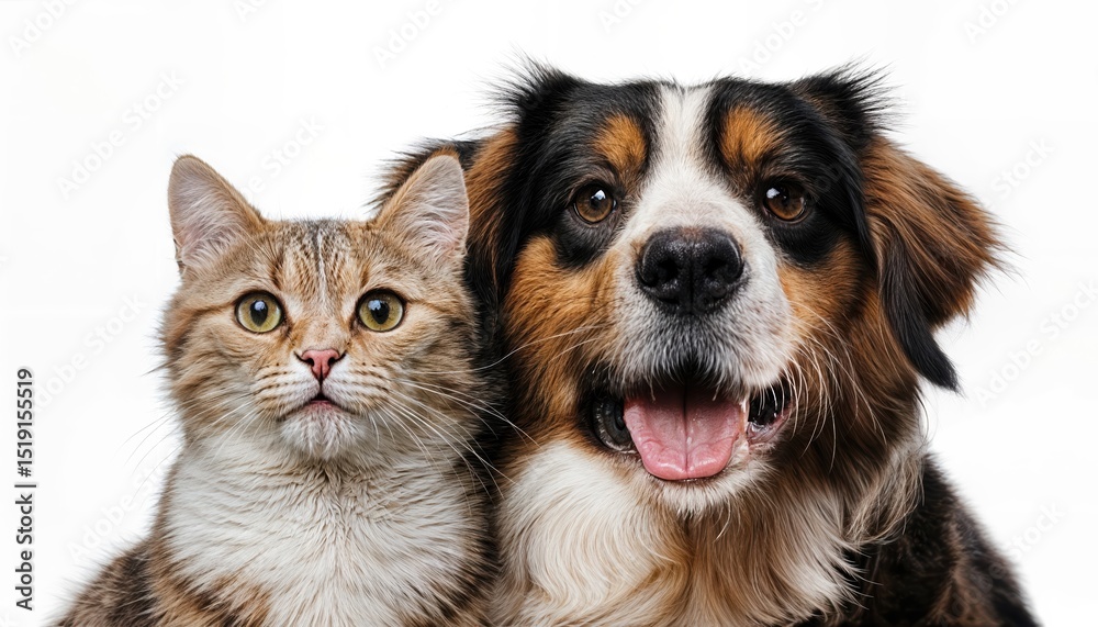 Obraz premium Adorable Duo Heartwarming Moment of a Cat and Dog Sharing a Smile on a Transparent Background, Radiating Joy and Warmth, Perfect for Digital Art, Home Decor, or Design Inspiration.