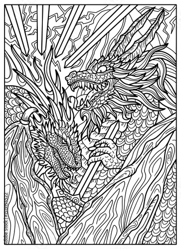 Fantasy engraved illustration with fight of dragons with swords for coloring page, tattoo, print, tarot cards. Vector line art graphic. Gothic, epic and vintage concept with mystic symbols