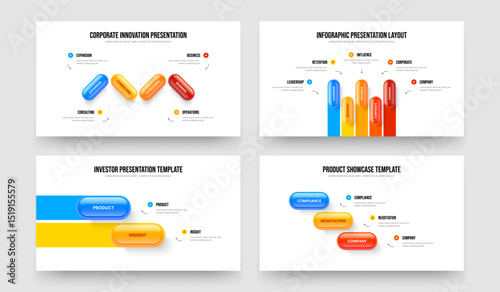 Creative Showcase 4 5 2 3 Element Infographic Presentation Layout Bundle. Product Forecast Four Five Two Three Option Diagram Frame Template Vector Illustration Collection.