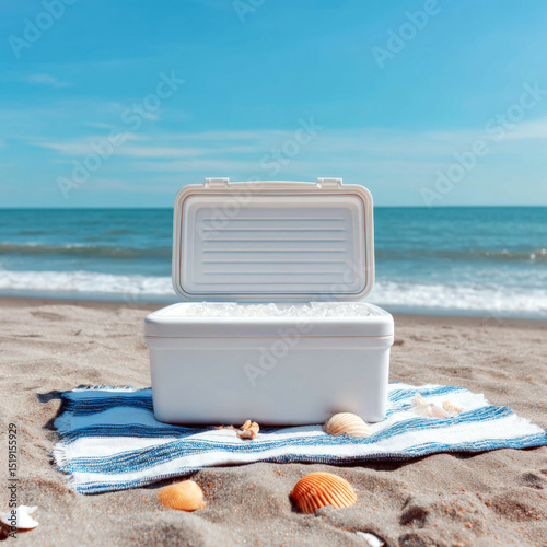 Portable Cooler Filled with Ice Cubes on a Striped Towel at a Sandy Beach