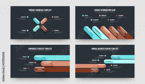 Product Campaign 4 5 3 4 Step Diagram Slideshow Layout Bundle. Visual Growth Four Five Three Four Element Infographic Presentation Design Vector Illustration Collection.