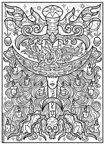 Fantasy engraved illustration with sword and decorated elements for tattoo, print, tarot cards. Vector line art graphic for coloring page. Gothic, epic and vintage concept with mystic symbols