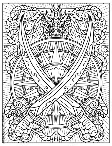 Fantasy engraved illustration with two swords, compass, rope and decorated elements for tattoo, print, tarot cards. Vector line art graphic for coloring page. Gothic, epic and vintage concept