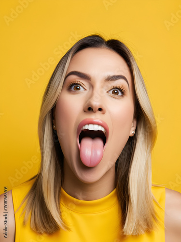 A woman making a silly face with tongue out, on a bright yellow background