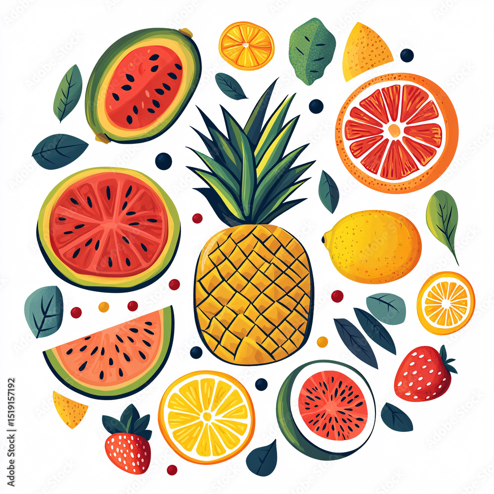 Tropical fruit flat vector set in summer style Tropical fruit flat vector set in summer style