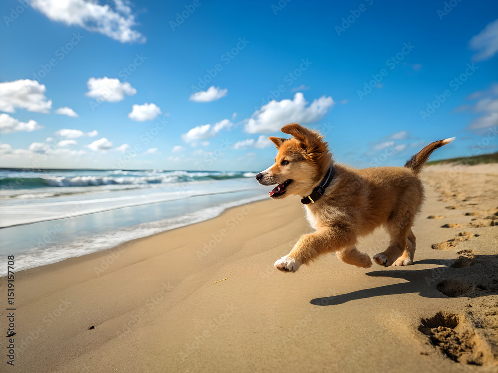 Adorable golden retriever puppy joyfully running on a wet summer beach with blue ocean waves ai generated Adorable golden retriever puppy joyfully running on a wet summer beach with blue ocean waves ai generated