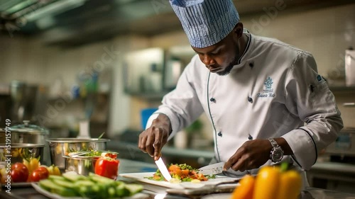 Culinary Precision: A focused chef meticulously plates a dish, demonstrating culinary expertise amidst an elegantly lit kitchen ambiance.
