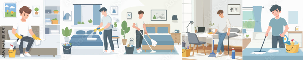 vector of a young man cleaning the bedroom vector of a young man cleaning the bedroom