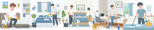 vector of a young man cleaning the bedroom