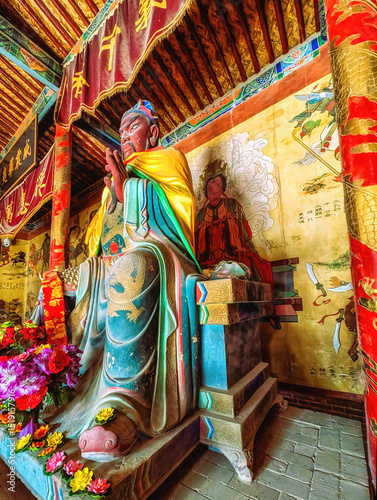 Praying hall in a temple at Jiayu Pass or Jiayuguan which is the first pass at the west end of the Great Wall of China, located southwest of the city of Jiayuguan in Gansu province Northern China