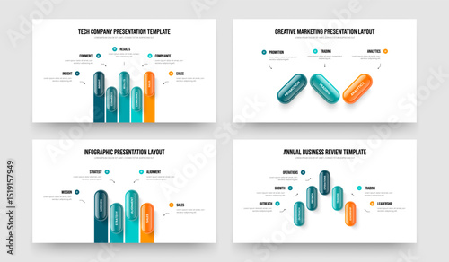 Company Overview Five Three Four Five Element Diagram Presentation Layout Vector Illustration Set. Enterprise Portfolio 5 3 4 5 Option Infographic Frame Template Collection.