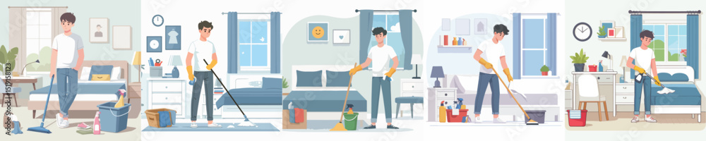 vector of a young man cleaning the bedroom vector of a young man cleaning the bedroom