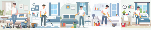 vector of a young man cleaning the bedroom