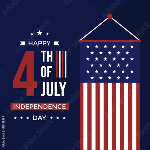 Happy America Independence Day with hanging vertical USA flag on dark blue background. Celebrate 4th of July greeting suitable for social media post