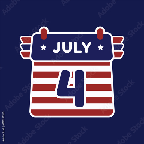 Fourth of July calendar with American flag color on it. USA Independence Day calendar flat icon illustration on blue background