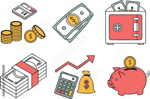 Colorful Finance and Money Illustrations Graphic Set. Banking and Finance Graphics in Colorful Illustration Style. Money and Financial Icons Colorful Illustrations Collection