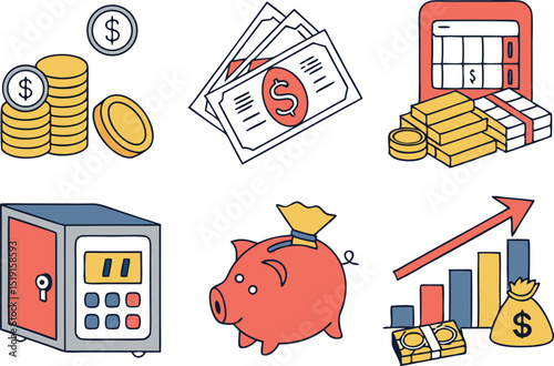 Colorful Finance and Money Illustrations Graphic Set. Banking and Finance Graphics in Colorful Illustration Style. Money and Financial Icons Colorful Illustrations Collection