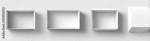 Four pristine white boxes  presented in varying states of openness against a stark white background  showcasing their simple  clean design and empty interiors