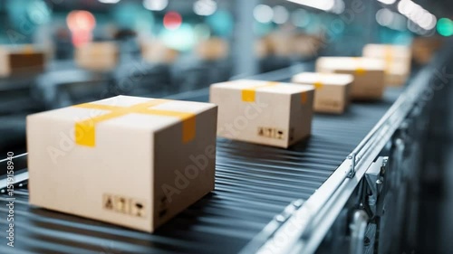 Packages on Conveyor Belt: Cardboard boxes move along a modern conveyor belt in a warehouse or distribution center, signifying efficient logistics and e-commerce. 