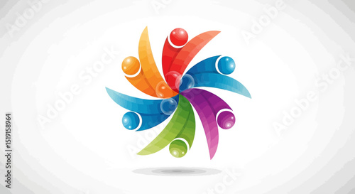 Colorful Abstract People Circle with Spheres and Curved Shapes