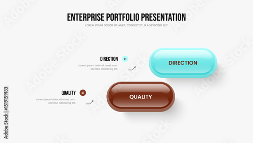 Product Strategy 2 Element Diagram Slideshow Design. Creative Planning Two Step Infographic Slide Layout. Consulting Profile Frame Template Vector Illustration.