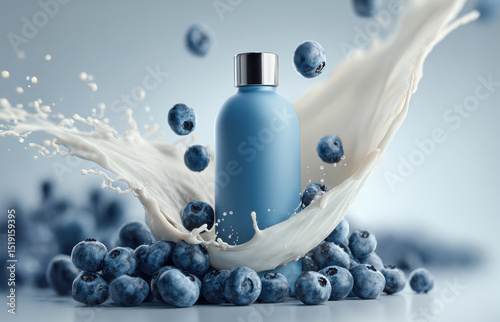 Sleek blue bottle floats mid-air, surrounded by fresh blueberries, leaves with droplets, and dynamic milk splashes. Clean pastel background highlights product, ideal for packaging and advertising.
