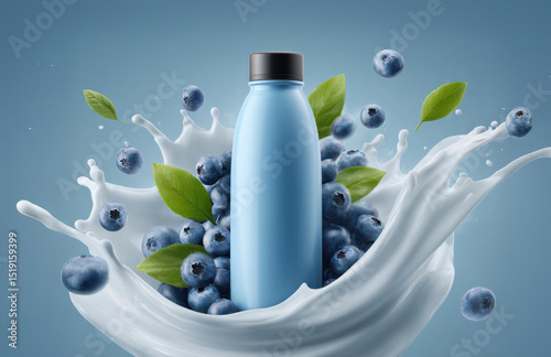 Sleek blue bottle floats mid-air, surrounded by fresh blueberries, leaves with droplets, and dynamic milk splashes. Clean pastel background highlights product, ideal for packaging and advertising.
