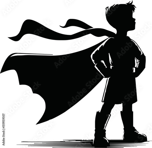 Silhouette of a superhero child with cape blowing in the wind
 vector isolated on white background