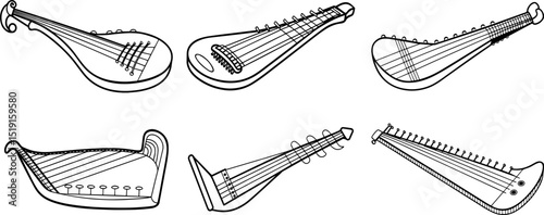 Set of Nyckelharpa black outline vector and illustration, coloring book page
